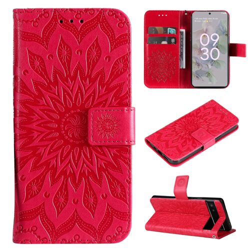 Saturcase Coque Pour Google Pixel 6a, Fleur Du Soleil Gaufrage Pu Cuir Magnétique Flip Portefeuille Support Porte-Carte Protecteur Housse Étui Avec Dragonne (Rouge)