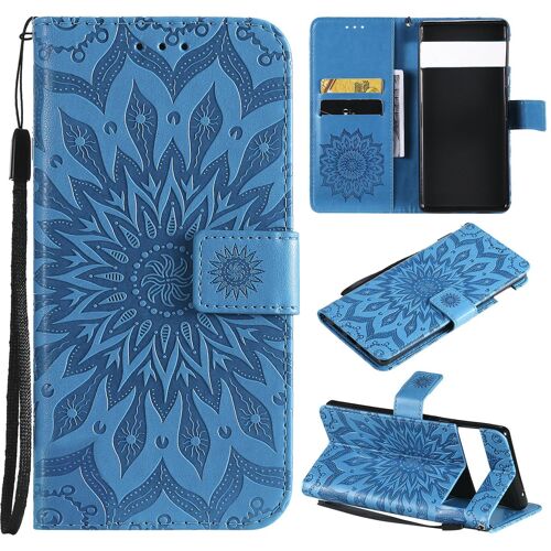 Saturcase Coque Pour Google Pixel 6, Fleur Du Soleil Gaufrage Pu Cuir Magnétique Flip Portefeuille Support Porte-Carte Protecteur Housse Étui Avec Dragonne (Bleu)