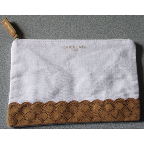 Trousse/Pochette Aspect Toilé-Fermeture Éclair Dorée-19.5x12.5cm-Blanc/Ecru Avec Parement Dentelle Marron Clair-Pour Ranger Maquillage, Petits Objets Ou Trésors