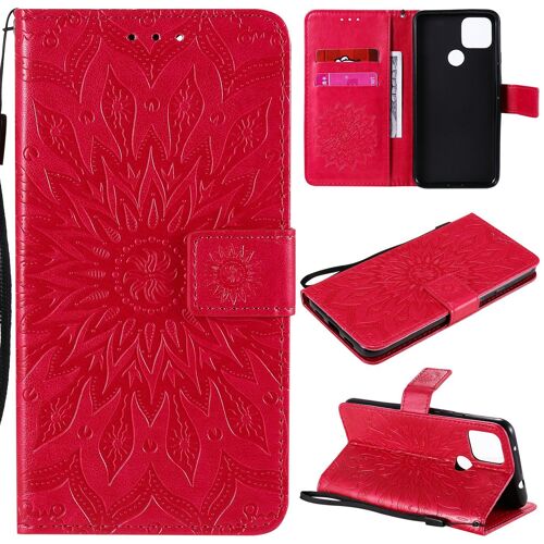 Saturcase Coque Pour Google Pixel 5 Xl, Fleur Du Soleil Gaufrage Pu Cuir Magnétique Flip Portefeuille Support Porte-Carte Protecteur Housse Étui Avec Dragonne (Rouge)