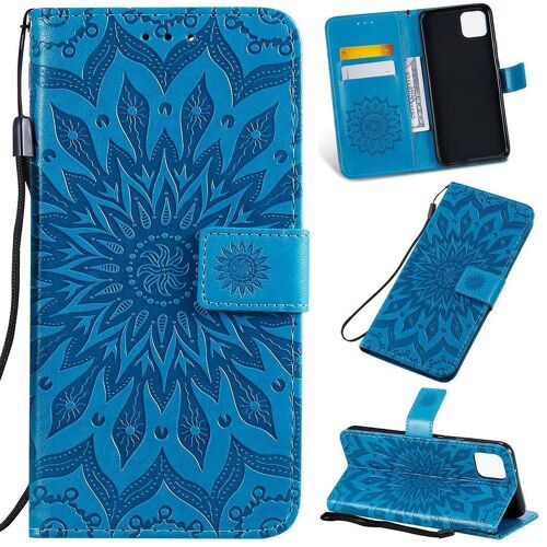 Saturcase Coque Pour Google Pixel 4 Xl, Fleur Du Soleil Gaufrage Pu Cuir Magnétique Flip Portefeuille Support Porte-Carte Protecteur Housse Étui Avec Dragonne (Bleu)
