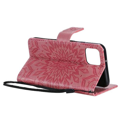 Saturcase Coque Pour Google Pixel 4, Fleur Du Soleil Gaufrage Pu Cuir Magnétique Flip Portefeuille Support Porte-Carte Protecteur Housse Étui Avec Dragonne (Pink)