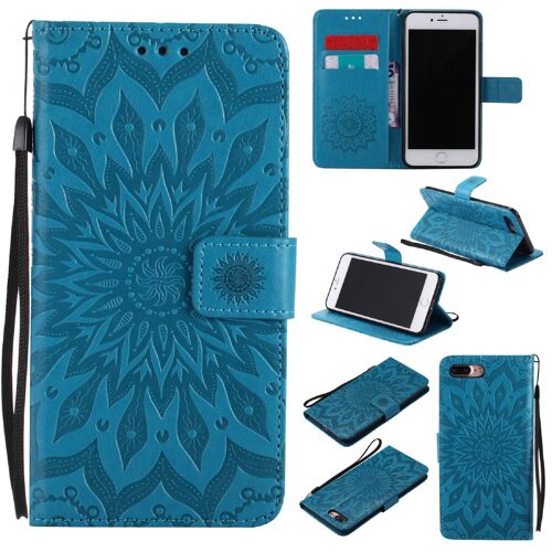 Saturcase Coque Pour Apple Iphone 7 Plus / 8 Plus, Fleur Du Soleil Gaufrage Pu Cuir Magnétique Flip Portefeuille Support Porte-Carte Protecteur Housse Étui Avec Dragonne (Bleu)