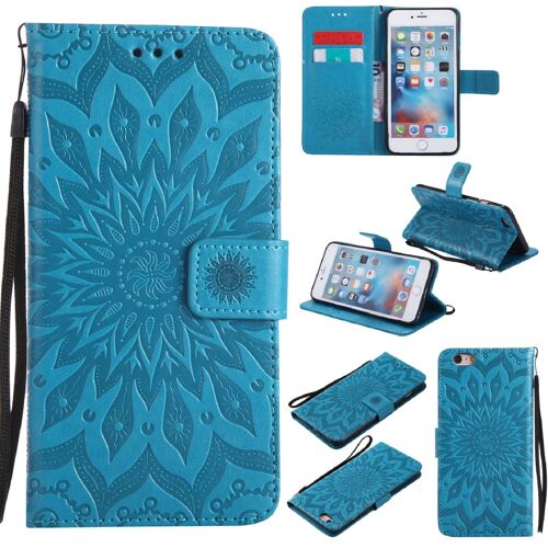 Saturcase Coque Pour Apple Iphone 6 Plus / 6s Plus, Fleur Du Soleil Gaufrage Pu Cuir Magnétique Flip Portefeuille Support Porte-Carte Protecteur Housse Étui Avec Dragonne (Bleu)