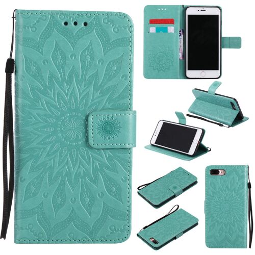 Saturcase Coque Pour Apple Iphone 7 Plus / 8 Plus, Fleur Du Soleil Gaufrage Pu Cuir Magnétique Flip Portefeuille Support Porte-Carte Protecteur Housse Étui Avec Dragonne (Vert)