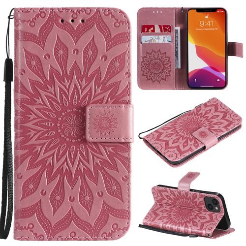 Saturcase Coque Pour Apple Iphone 13, Fleur Du Soleil Gaufrage Pu Cuir Magnétique Flip Portefeuille Support Porte-Carte Protecteur Housse Étui Avec Dragonne (Pink)