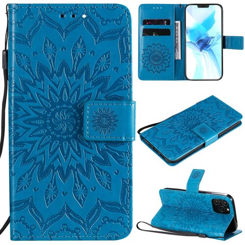 Saturcase Coque Pour Apple Iphone 12 / 12 Pro, Fleur Du Soleil Gaufrage Pu Cuir Magnétique Flip Portefeuille Support Porte-Carte Protecteur Housse Étui Avec Dragonne (Bleu)