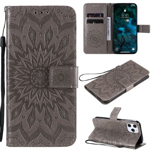 Saturcase Coque Pour Apple Iphone 12 Pro Max, Fleur Du Soleil Gaufrage Pu Cuir Magnétique Flip Portefeuille Support Porte-Carte Protecteur Housse Étui Avec Dragonne (Gris)