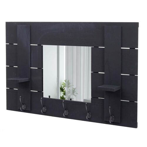 Porte manteau mural avec miroir panneau style vintage 5 crochets 90x60cm en bois gris foncé 04_0000996