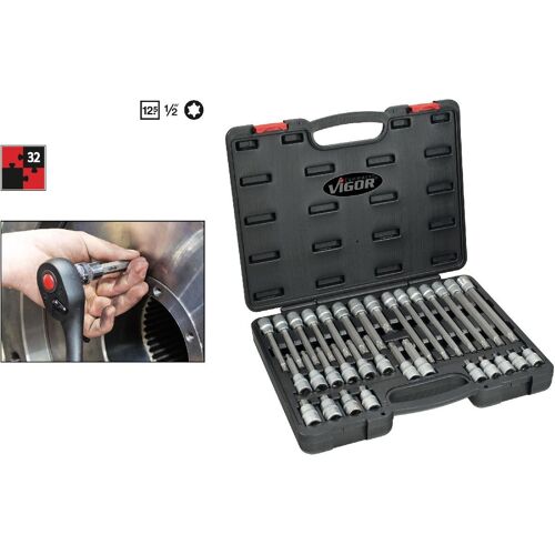 Vigor Carré femelle entraînement 12,5 = 1/2 pouce Assortiment de douilles mâles à empreinte RIBE - V2201