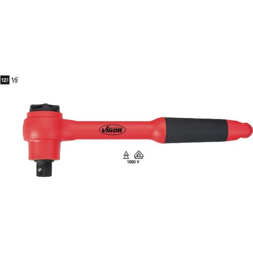 Vigor Carré mâle entraînement 12,5 = 1/2 pouce Cliquet réversible VDE - Carré creux 12,5 mm (1/2 pouce) - Longueur totale: 255 mm - V3342