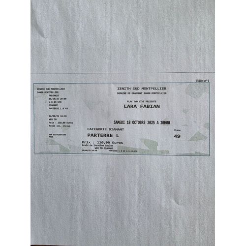 1 Billet Lara Fabian Cat Diamant Zénith Sud 18 Octobre