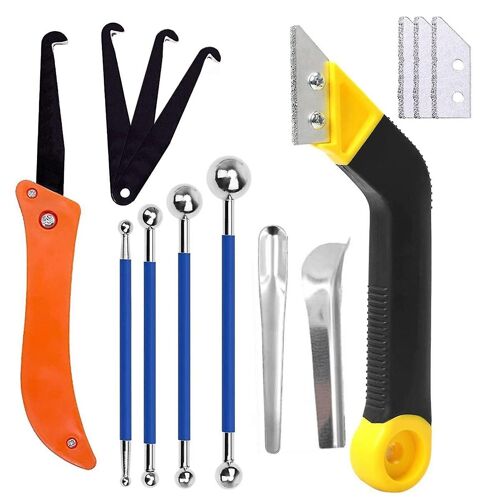 Outil d'enlèvement de coulis 14pcs, outils d'enlèvement de calfeutrage scie à coulis de carrelage et scie à main à coulis avec 3 lames supplémentaires