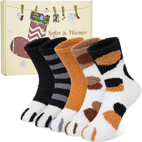 Tianyi-Chaussettes Moelleuses Femmes Hiver 5 Paires Douces Chaudes Thermiques Confortables Pilou Chat Chausson Chaussette Noël Pour Dames Filles Coffre Cadeau