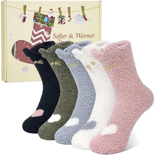 Tianyi-Chaussettes Moelleuses Femmes Hiver 5 Paires Douces Chaudes Thermiques Confortables Pilou Chat Chausson Chaussette Noël Pour Dames Filles Coffre Cadeau