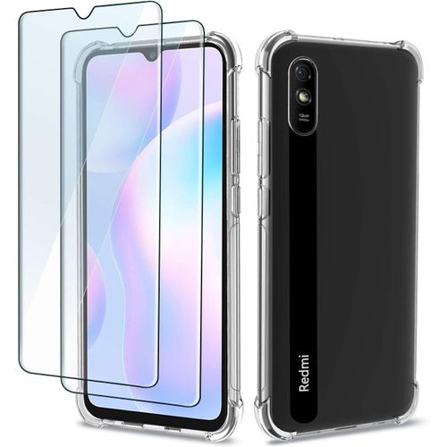 Coque Pour Xiaomi Redmi 9a Avec 2 Unités De Protection D'écran, Coque Antichoc Et Anti Rayures Membrane En Verre Trempé Dureté 9h Anti Rayures