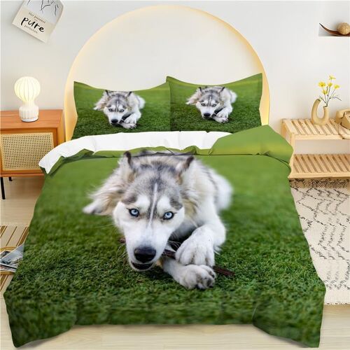 Parure De Lit X Enfant L'herbe Verte, Chien Husky Housse De Couette X Microfibre Housse Couette Personne Avec Fermeture ¿¿Clair, Ensemble De Literie Avec Taie D'oreillers X Cm