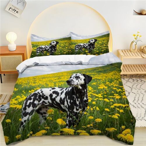 Housse De Couette X Fleur Jaune, Chien Dalmatien Parure De Lit Personnes Microfibre Doux Respiran Housse Couette Avec Fermeture ¿¿Clair, Ensemble De Literie Avec Taie D'oreillers