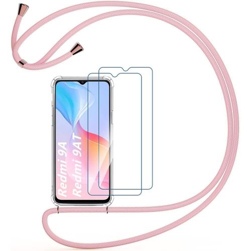 Étui Avec Cordon Compatible Avec Xiaomi Redmi 9a Redmi 9at, Étui En Verre Trempé Transparent, Coussin D'air En Tpu, Silicone Transparent, Anti Jaune, Étui À Sangle De Suspension Réglable, Rose
