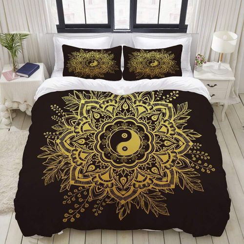 Parure De Lit,Fleur De Jardin Indien En Couronne De Feuilles Fleurs De Brindilles De Symbole Yin Et Yang, Housse De Couette X + Taies D'oreillers