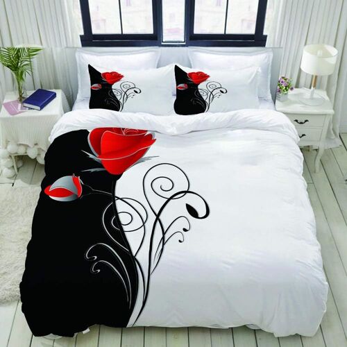 Parure De Lit,Illustration De Fond Floral Beaut¿¿ Noir Et Blanc Avec Un Bouquet De Roses Rouges, Housse De Couette X + Taies D'oreillers