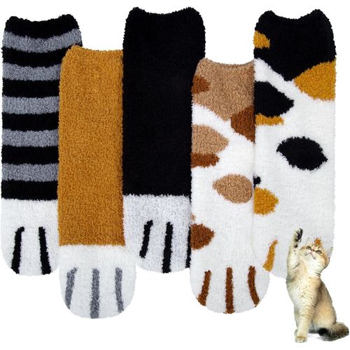 Tianyi-Chaussettes Moelleuses Femmes Hiver 5 Paires Douces Chaudes Thermiques Confortables Pilou Chat Chausson Chaussette Noël Cadeau Pour Dames Filles