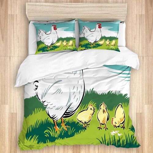 Parure De Lit Adulte,Poule Et Poussins Cartoon Illustration D'une M¿¿Re Animale Et De Petits B¿¿B¿¿S Sur L'herbe, Housse De Couette Xcm+ Taies D'oreillers Xcm