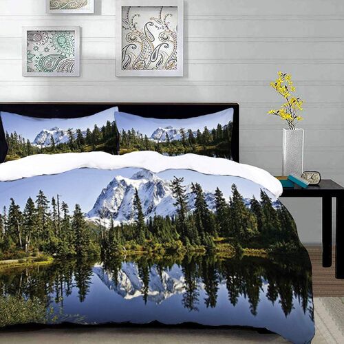 Parure De Lit Adulte,Housse De Couette,For¿ºt De Montagne Lac,Pins Et Paysage Enneig¿¿ Avec Crystal Lake Nature Photo,Orange, Housse De Couette X Cm + Taies D'oreillers X Cm