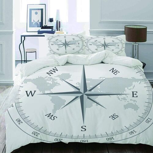 Parure De Lit Adulte,Housse De Couette,Boussole Illustration Carte Du Monde Maritime Seaman Life Equipment Monochromic, Housse De Couette X Cm + Taies D'oreillers * Cm