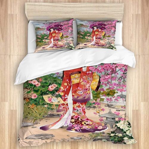 Parure De Lit Adulte,Geisha Art Japonais, Housse De Couette Xcm+ Taies D'oreillers Xcm