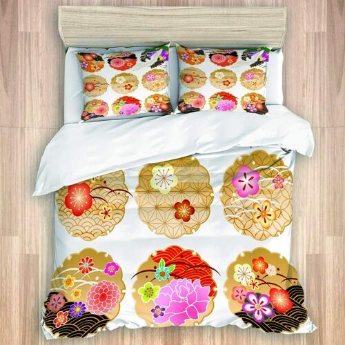 Parure De Lit Adulte,Motifs Ronds Floraux Japonais Antique Nature Nature Figures Style Th¿¿Me Organique, Housse De Couette Xcm+ Taies D'oreille