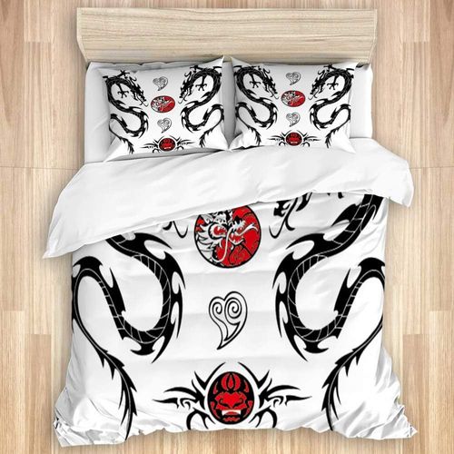 Parure De Lit Adulte,Style De Tatouage De Dragon Japonais, Cr¿¿Atures Autochtones Asiatiques Avec D¿¿Tails Artistiques, Housse De Couette Xcm+ Taies D'oreillers Xcm