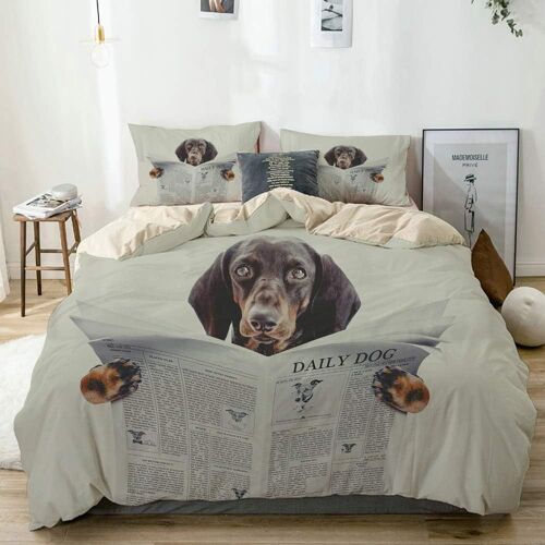 Sets De Housse Couette En Microfibre,Chien Saucisse Teckel Lisant Un Magazine De Journal Dans La Chambre Au Lit,Beige, Housse De Couette X + Taies D'oreillers