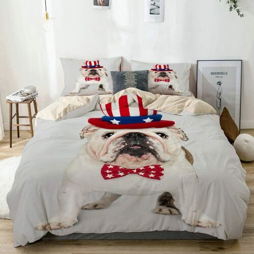 Sets De Housse Couette En Microfibre,Mignon Chiot Bouledogue Anglais Blanc Dans Le Chapeau Et Le Noeud Papillon De L'oncle Sam,Beige, Housse De Couette X + Taies D'oreillers