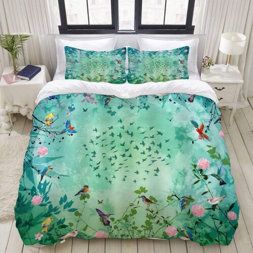 Housse De Couette, Arbre Et Oiseaux Panneau Fleurs Floraison Art Floral Vert Rose Imprim¿¿ Vintage Color¿¿, Ensemble De Literie Ensembles De Microfibre De Luxe Ultra Confortable Et L