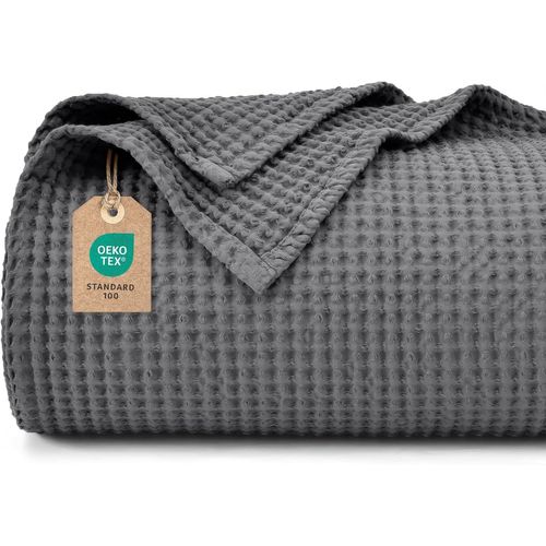 TIANYI-Couverture gaufrée 100 % coton - 130 x 150 cm - Légère et respirante - Parfaite pour l'été - Certifié Oeko-TEX® - Qualité de linge d'hôtel - Idéale pour le canapé, le lit, anthracite