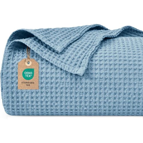 TIANYI-Couverture gaufrée 100 % coton - 130 x 150 cm - Légère et respirante - Parfaite pour l'été - Certifié Oeko-TEX® - Qualité de linge d'hôtel - Idéale pour le canapé, le lit, bleu poussiéreux