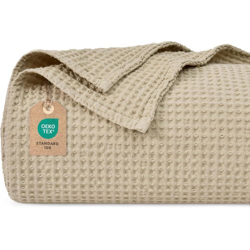 TIANYI-Couverture gaufrée 100 % coton - 130 x 150 cm - Légère et respirante - Parfaite pour l'été - Certifié Oeko-TEX® - Qualité de linge d'hôtel - Idéale pour le canapé, le lit, kaki