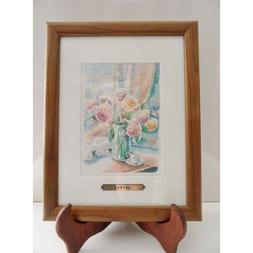 Cadre Tableau Dessin Aquarelle Signee "Danielle Lebeau" Nature Morte Art Deco N2