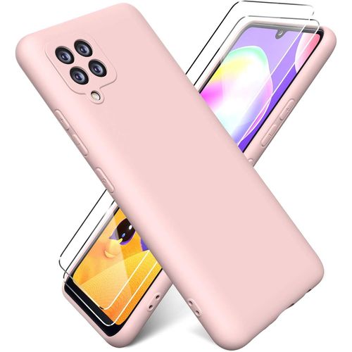 Coque Pour Samsung Galaxy A42 5g Avec 2 Pieces Protecteur D'ecran En Verre Trempe, Housse Silicone Liquide Souple Coque En Caoutchouc Antichoc Ultra-Mince De Couleur Pure - Rose
