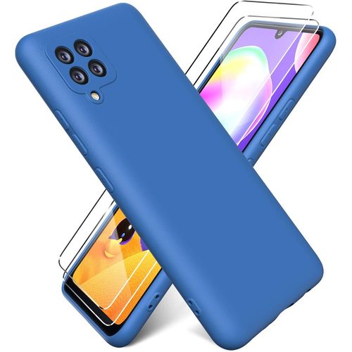Coque Pour Samsung Galaxy A42 5g Avec 2 Pieces Protecteur D'ecran En Verre Trempe, Housse Silicone Liquide Souple Coque En Caoutchouc Antichoc Ultra-Mince De Couleur Pure - Bleu