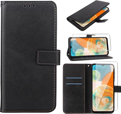 Coque Pour Samsung Galaxy A23 5g,[1x Verre Trempé][Fermeture Magnétique] Étui En Cuir Première Avec Fente Pour Carte Et Support, Étui De Téléphone Portable Pour Samsung Galaxy A23 5g-Noir