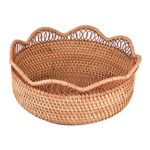 Panier de stockage d'aliments en rotin rond Pain aux fruits Thé tissé à la main Dessert Assiette de service Cuisine Plateau de bureau de ménage, Grand