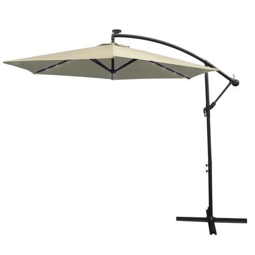 Parasol Crème Déporté 3m 24 Led À Energie Solaire Avec Manivelle Protection Uv Jardin Avec Base Ronde