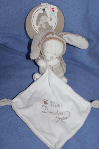 Doudou Ours Blanc Deguise En Lapin Beige 15cm Avec Son Mouchoir Brode "Mon Doudou " Tres Doux