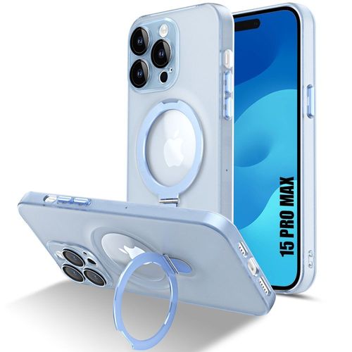 Coque pour iPhone 15 Pro Max, Antichoc Rigide avec Support Anneau Magnétique Réglable et Protection Caméra - Translucide Bleu - E.F.Connection