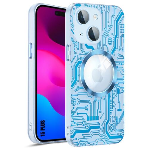 Coque Pour Iphone 15 Plus Avec Cercle Magnétique Et Protection Caméra Vitre, Coque Rigide Semi-Transparent Bleu Motif Circuit - E.F.Connection
