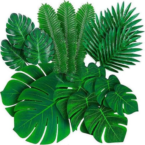 Feuilles de palmier artificiel Tropical Monstera - 84 Pcs Vert Fausses Feuilles de Palmier Décorations avec Tiges pour Luau Hawaïen
