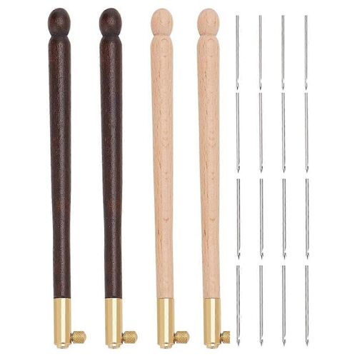 4 Pcs Tambour Crochets Kit Avec 12 Aiguilles, Broderie Crochet Crochets Poignée En Bois Paillettes Perles Aiguille Ensemble