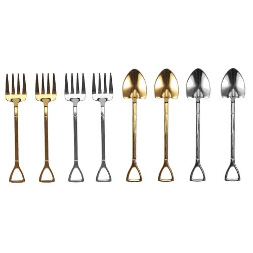 8 Pièces Pelle Cuillère Fourchette Cuillère À Café Pelle Poignée Cuillère À Dessert Cuillère À Crème Glacée Forme De Pelle (Argent Et Or)